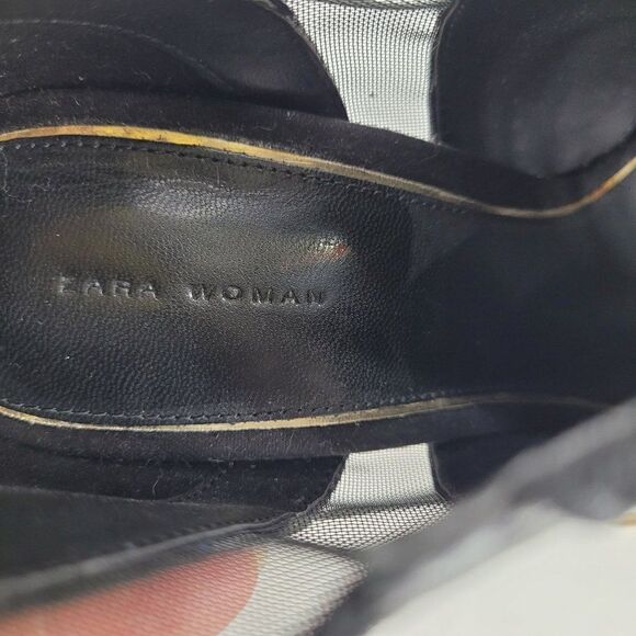 Zara Bootie Sandals 7.5 Black Leather Suede Mesh Patchwork Lace Peep Stilettos - Picture 16 of 17